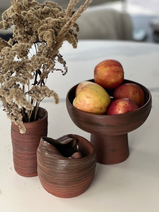 Zestaw ceramiczny "Ciepło Bordo" - patera i dwa wazony z kamionki
