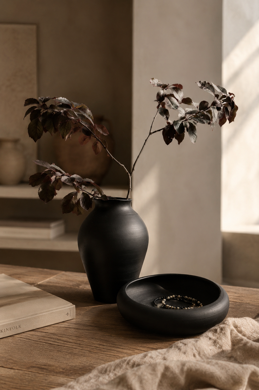 "Silence in Black" vase and decorative plate set